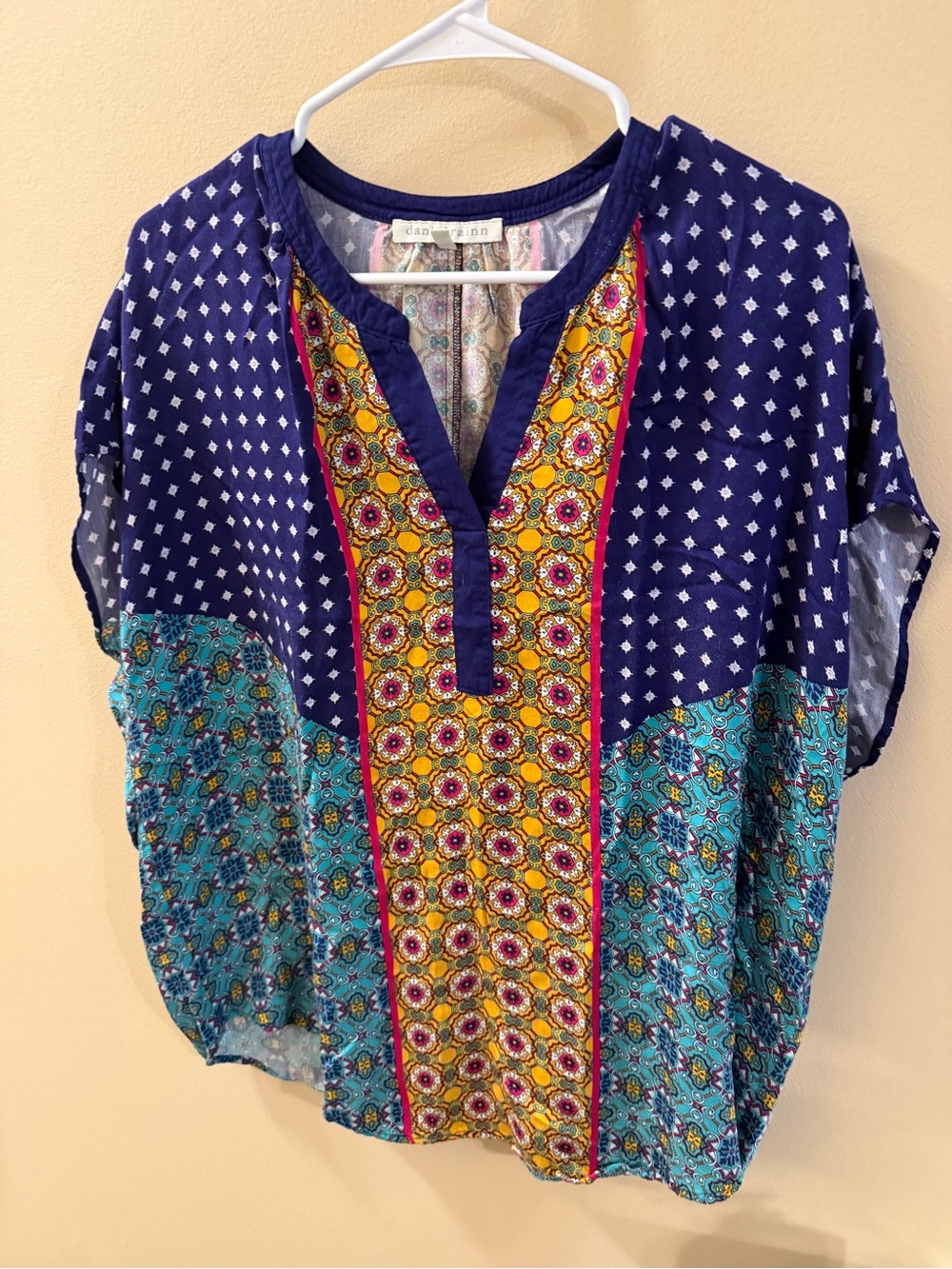 Daniel Rainn Navy, Turquoise & Yellow Mixed-Print Tunic Blouse size XL